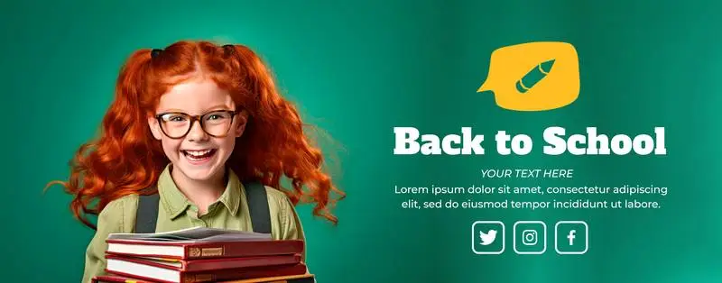 Banner of a Red-Haired Girl with Red Books on a Green Background
