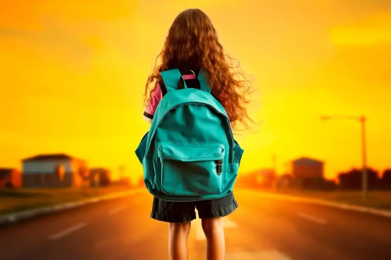 Image of a Girl with a Green Rucksack in the Middle of a Street Returning Home