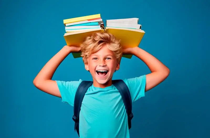 Image of a Blond Boy with Books on His Head on a Blue Background