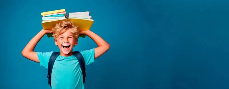 Blank Banner of a Blond Boy with Books on His Head on a Blue Background