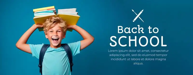 Banner of a Blond Boy with Books on His Head on a Blue Background