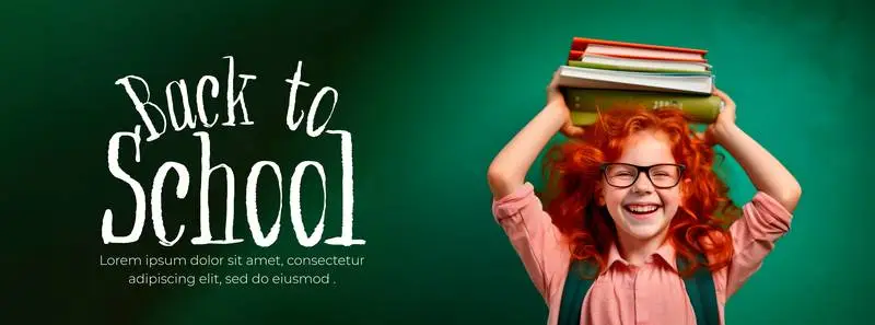 Banner of a Red-Haired Girl with Books on Her Head on a Green Background