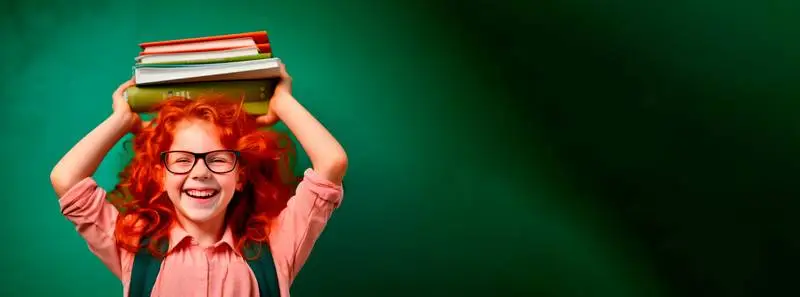 Blank Banner of a Red-Haired Girl with Books on Her Head on a Green Background