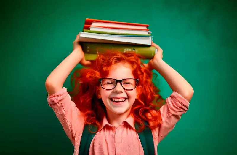 Image of a Red-Haired Girl with Books on Her Head on a Green Background