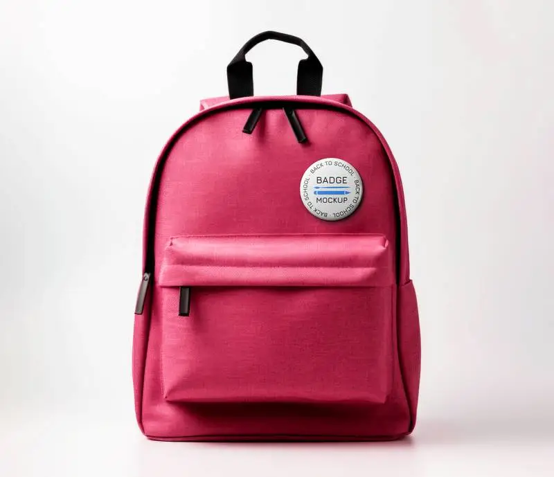 Mockup of Realistic Badges on a Red School Backpack on a White Background