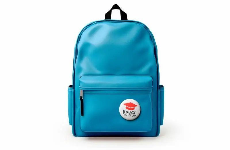 Mockup of Realistic Badges on a Blue School Bag on a White Background