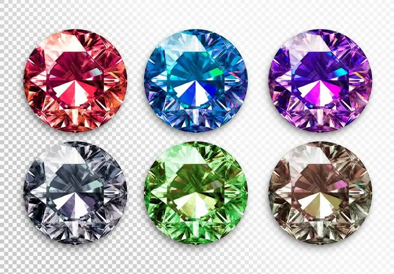 Collection of Circular Cut Diamonds of Different Colors Isolated on Transparent Backgrounds