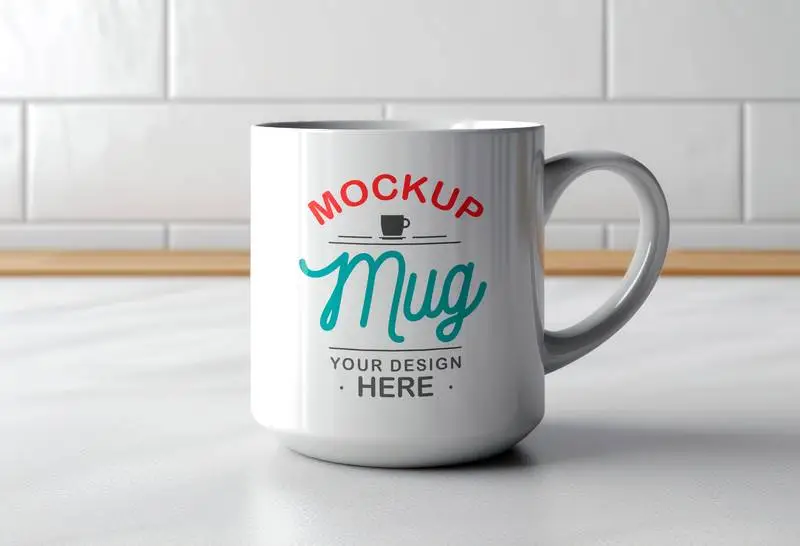 Mockup of a White Coffee Cup in a Kitchen Scene