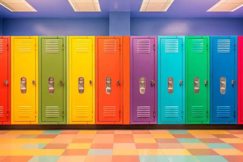 Image of a Cheerful School Corridor with Colourful Lockers
