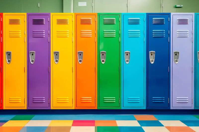 Image of a School Corridor with Lockers and Coloured Floors