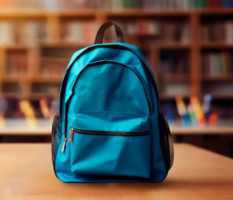 Image of a Blue Backpack on a Blurred Library Background