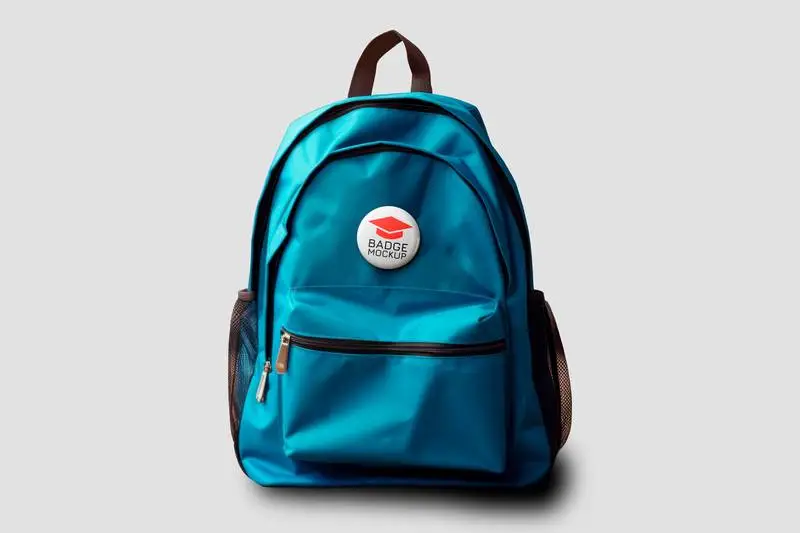 Mockup of a Badge on a Realistic Isolated Blue Backpack