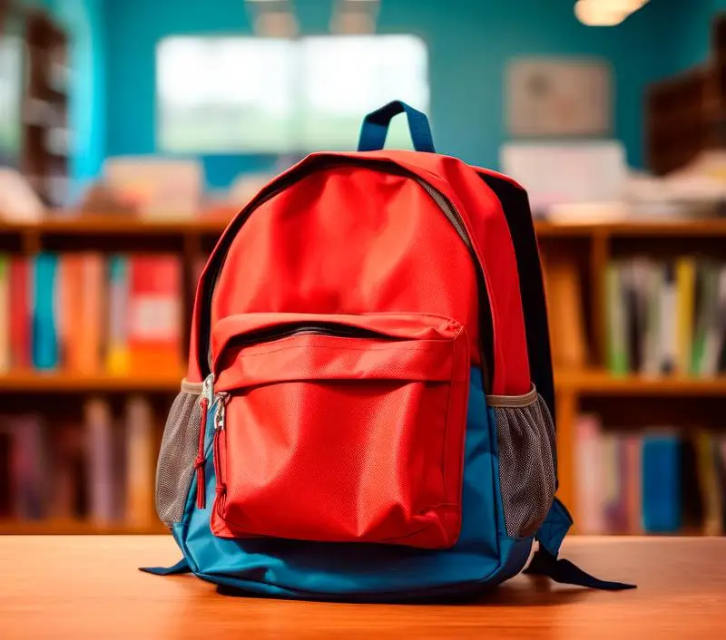 Realistic Image of a Blue and Red Backpack on a Blurred Study Room Background