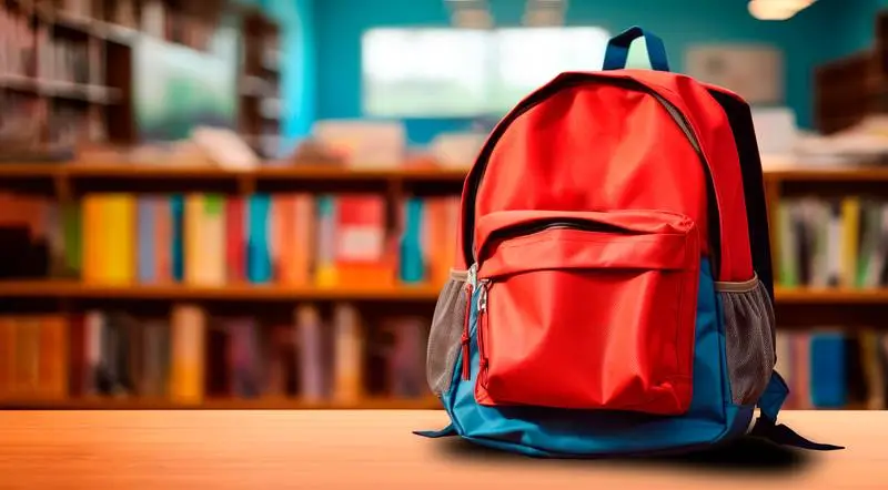 Realistic Blank Banner of a Blue and Red Backpack on a Blurred Study Room Background