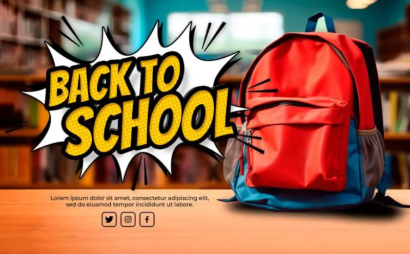 Banner with a Blue and Red Backpack and Text for Back to School on a Blurred Study Room Background