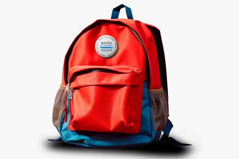Mockup of a Badge on a Blue and Red Backpack on a White Background
