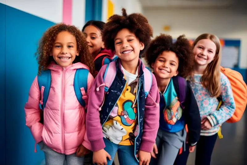Diversity Group Photo of Smiling Children in a School Hallway