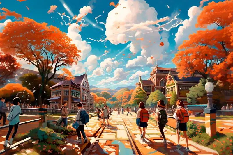 Beautiful Illustration of a School with Children in Autumn with Trees