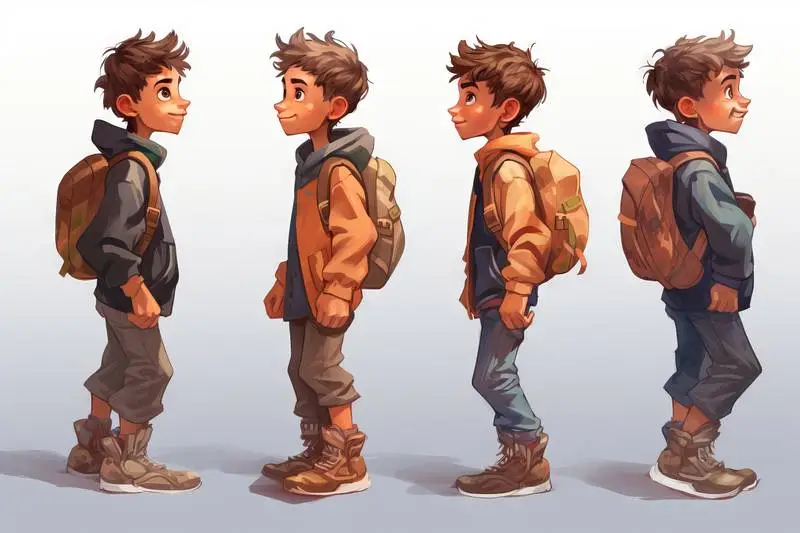 Children’s Pose Collection Illustration with a Brown Backpack