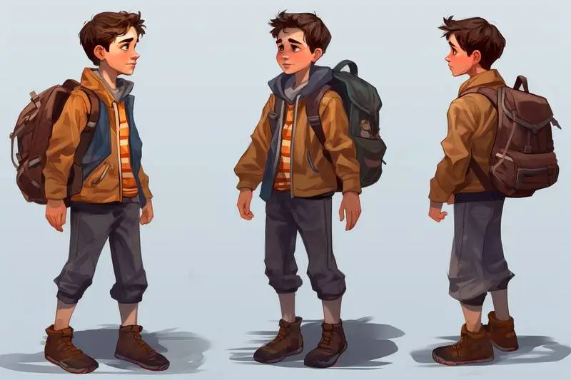 Collection of Poses of a Cool Boy Illustration with a Brown Backpack on a Blue Background
