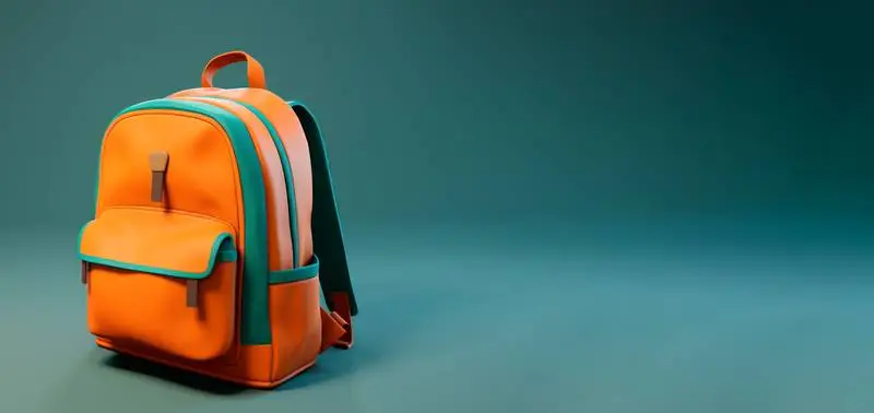Blank Banner with an Orange 3D Backpack on a Blue Background