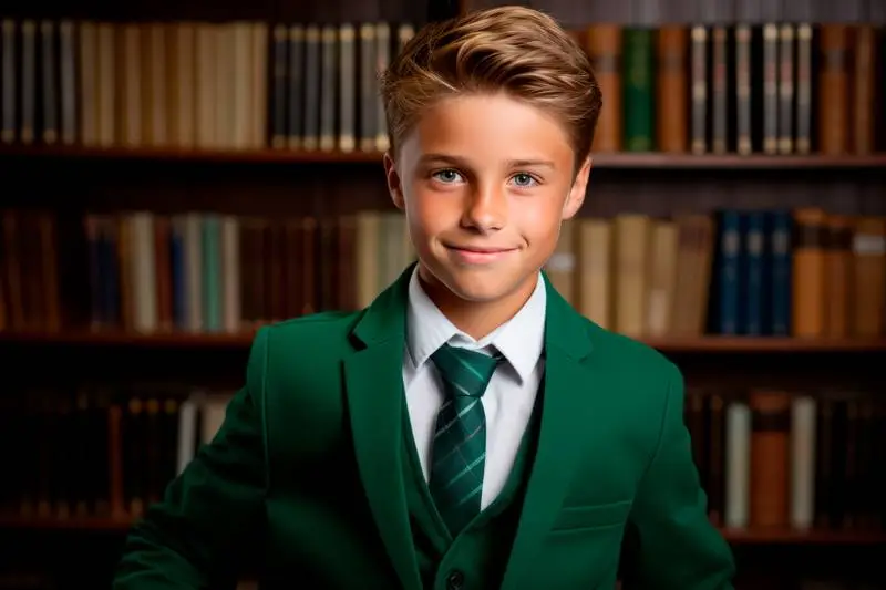 Image of a Boy Wearing a Green School Uniform in a Library