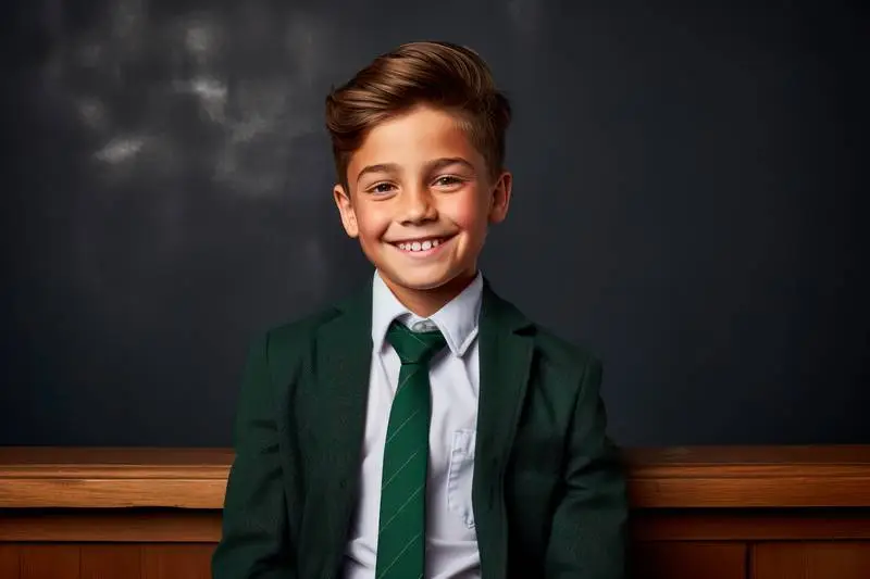 Image of a Boy Wearing a Green School Uniform in Front of a Blackboard