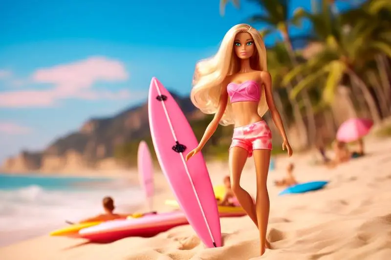 Image of a Blonde Doll on the Beach with a Surfboard