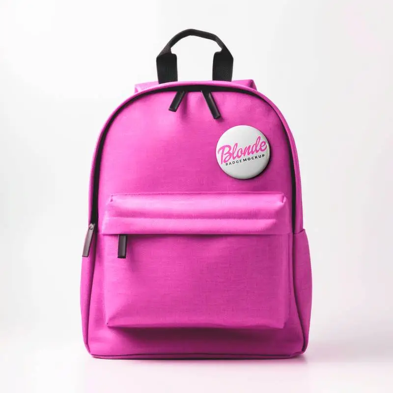 Mockup of a Badge with a Pink Backpack over a White Surface