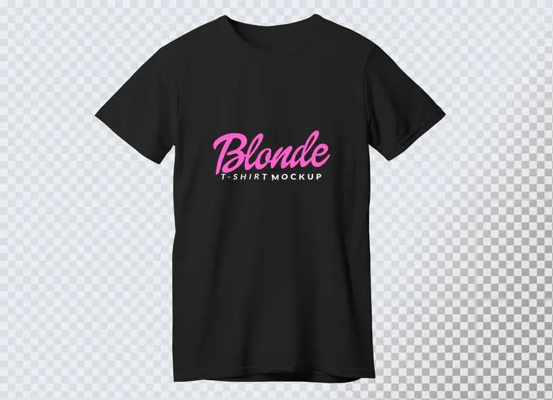 Black T-Shirt Mockup with Blondie Logo over a Transparent Surface