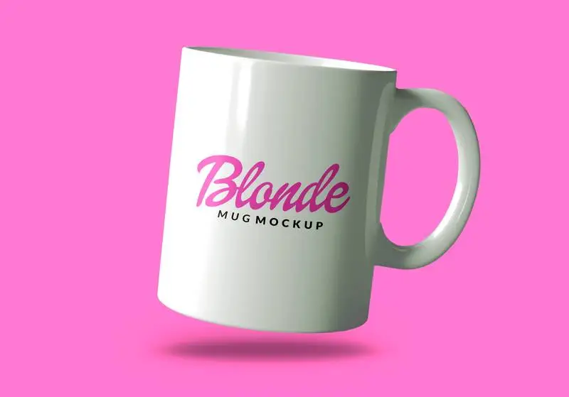 White Mug Mockup with Blondie Logo over a Pink Surface