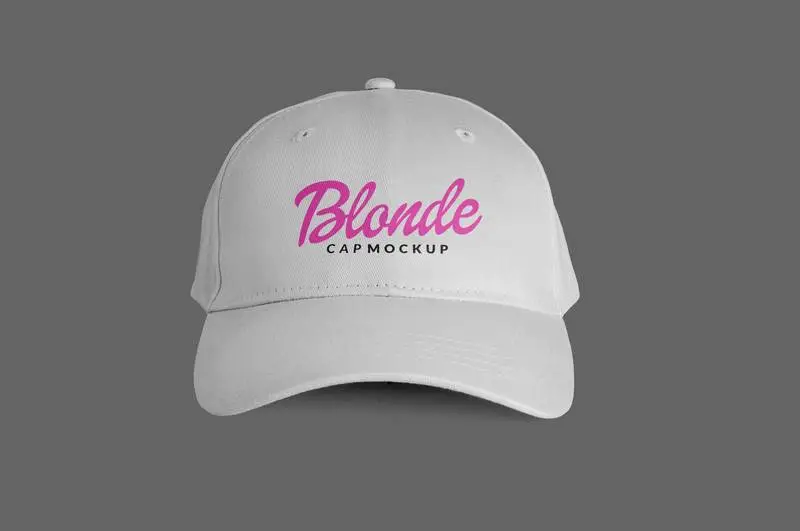 Mockup of a White Cap with Blondie Logo on a Grey Surface