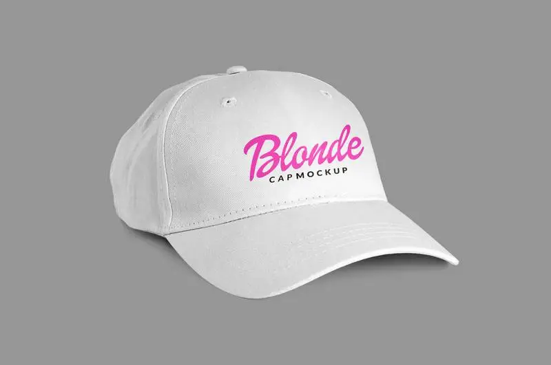 White Cap Mockup with Blondie Logo on a Grey Surface