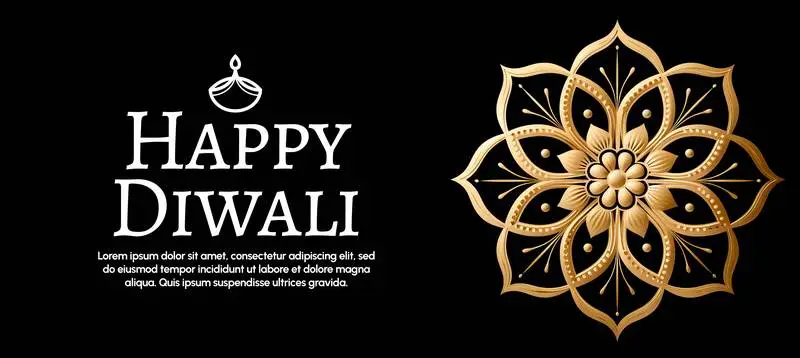 Golden Mandala Banner with Text on a Black Background for Diwali