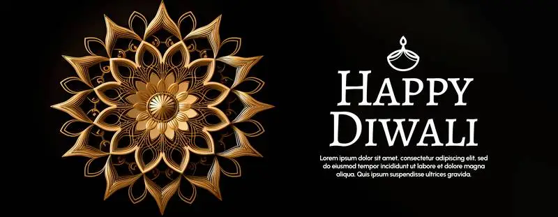 Banner of a Golden Mandala for Diwali on a Black Background