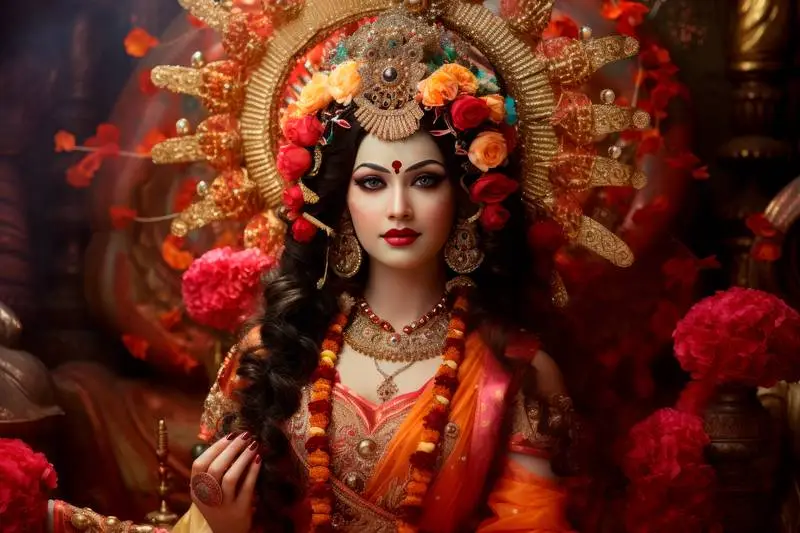 Image of an Indian Woman Luxuriously Dressed with Fabrics, Gold, and Flowers
