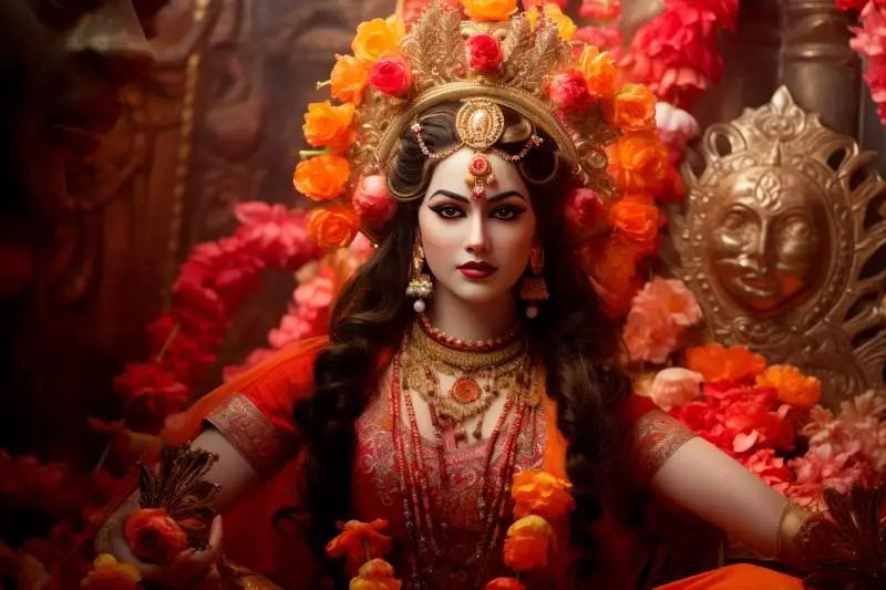 Image of an Indian Woman Dressed in Cloth, Gold, and Flowers