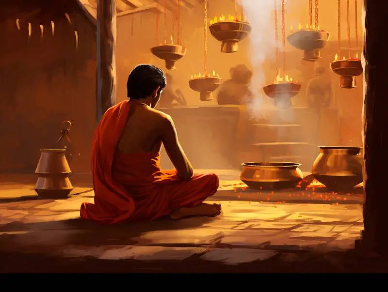 Image of a Man Sitting in a Temple in Front of Candles for the Diwali Festival
