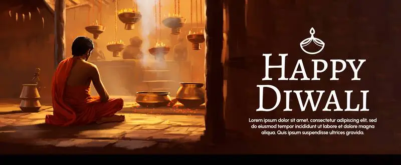 Banner of Man Sitting in a Temple in Front of Candles for Diwali Celebration