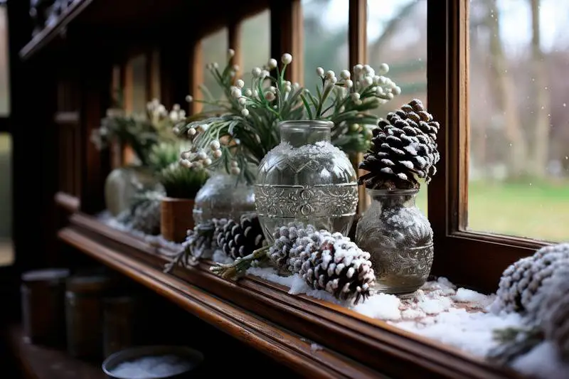 Photo of a Christmas Scene with Pine Garlands Dusted with Faux Snow and Glitter