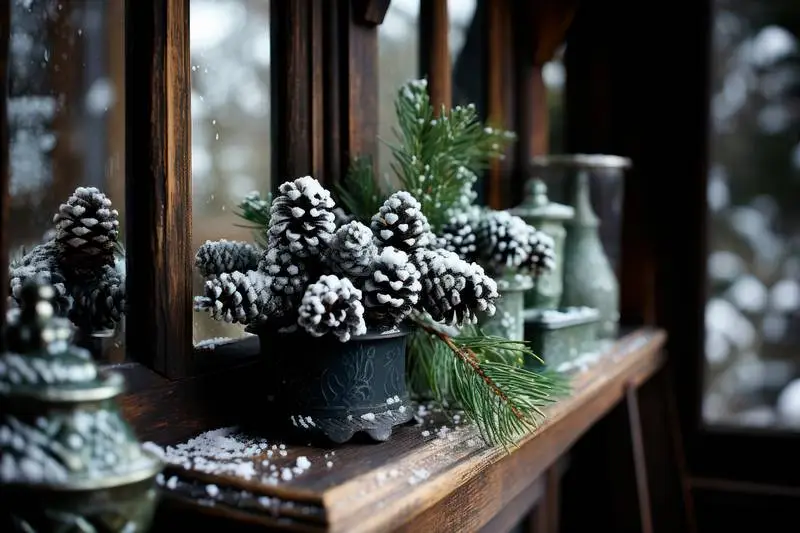 Christmas Scene with Pine Garlands Dusted with Faux Snow and Glitter