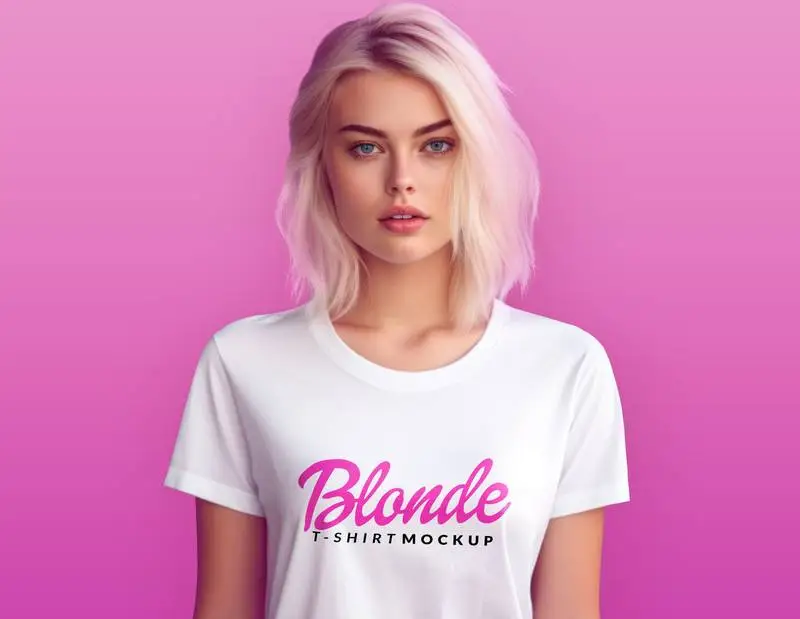 Mockup of a Young Woman in a White T-Shirt on a Pink Background