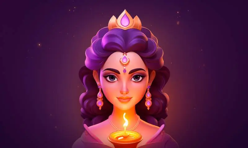 Illustration of a Beautiful Indian Woman in Traditional Clothes with a Candle on a Purple Background