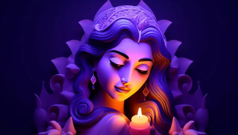 Illustration of an Indian Woman in Traditional Clothes with a Candle on a Blue Background