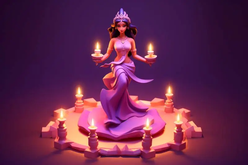 Illustration of an Indian Woman in Traditional Dress with Candles Standing on a Pedestal