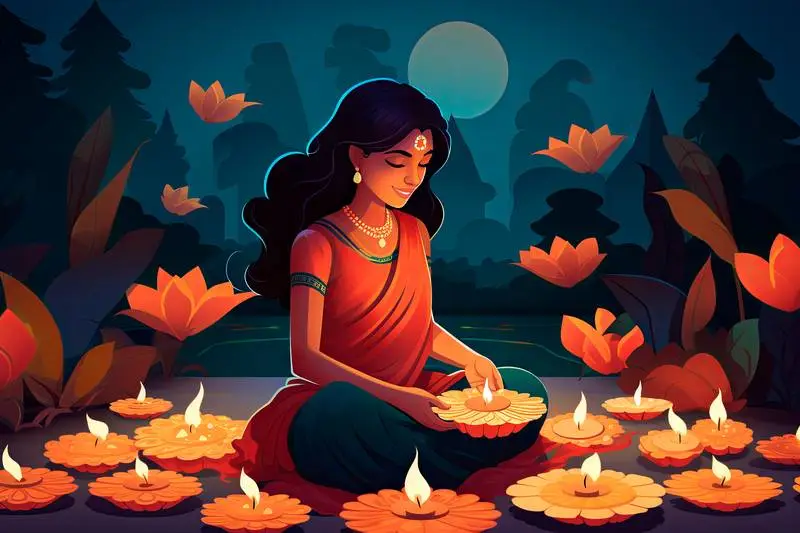 Illustration of an Indian Woman Seated in Traditional Dress Surrounded by Candles Celebrating Diwali