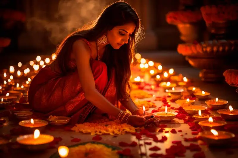 Scene Photo of an Indian Woman Kneeling by Candles Celebrating Diwali