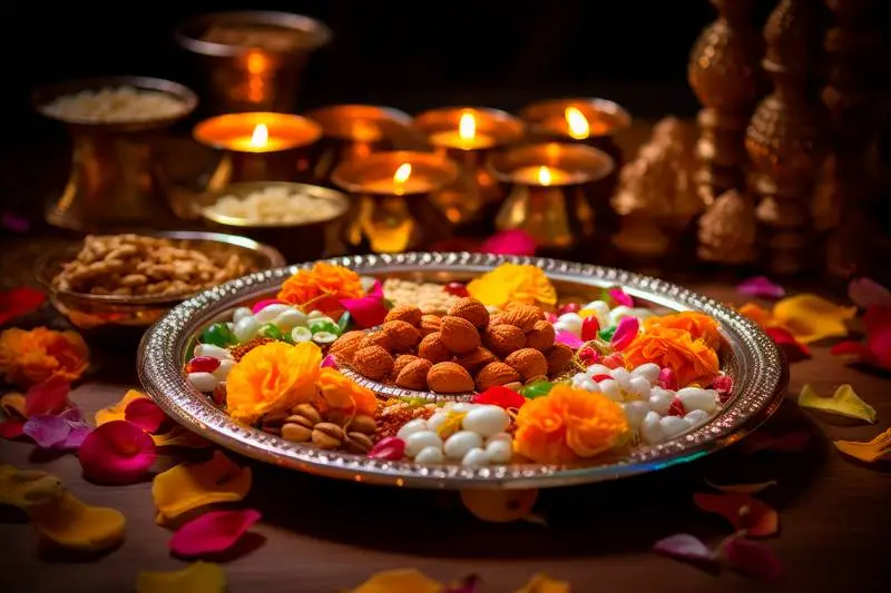 Photo of a Traditional Silver Plate with Indian Food to Celebrate Diwali