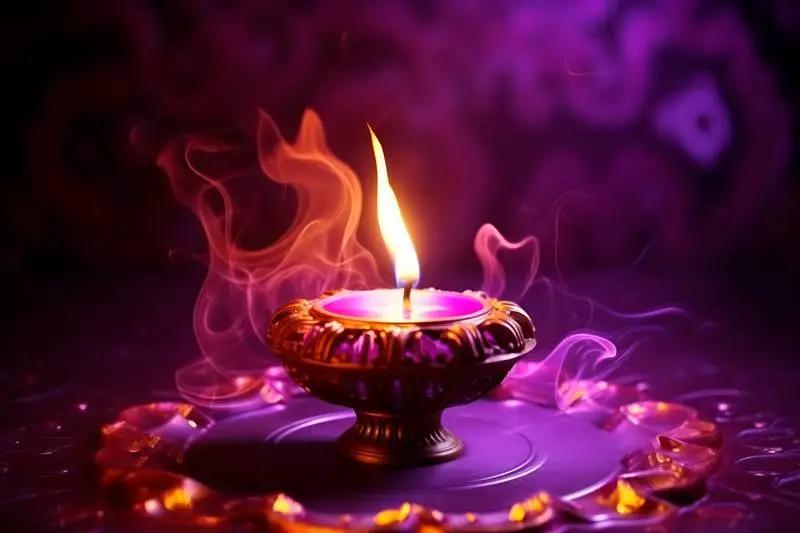 Photo of a Realistic Indian Candle with Smoke on a Purple Background