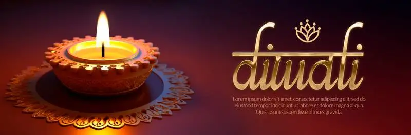 Realistic Golden Candle Banner with Text for Diwali on a Gradient Background